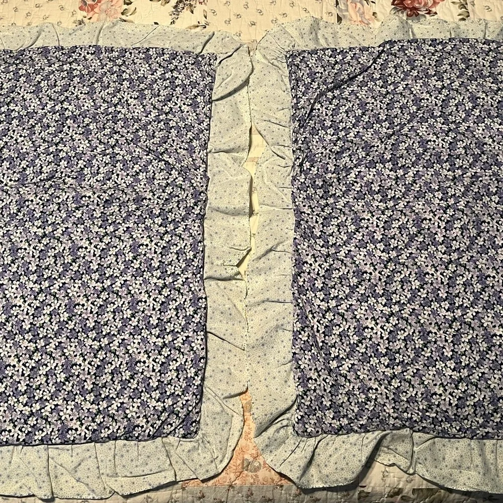 Quilted Pillow Shams set of 2 with Ruffles Navy Blue Light Blue White